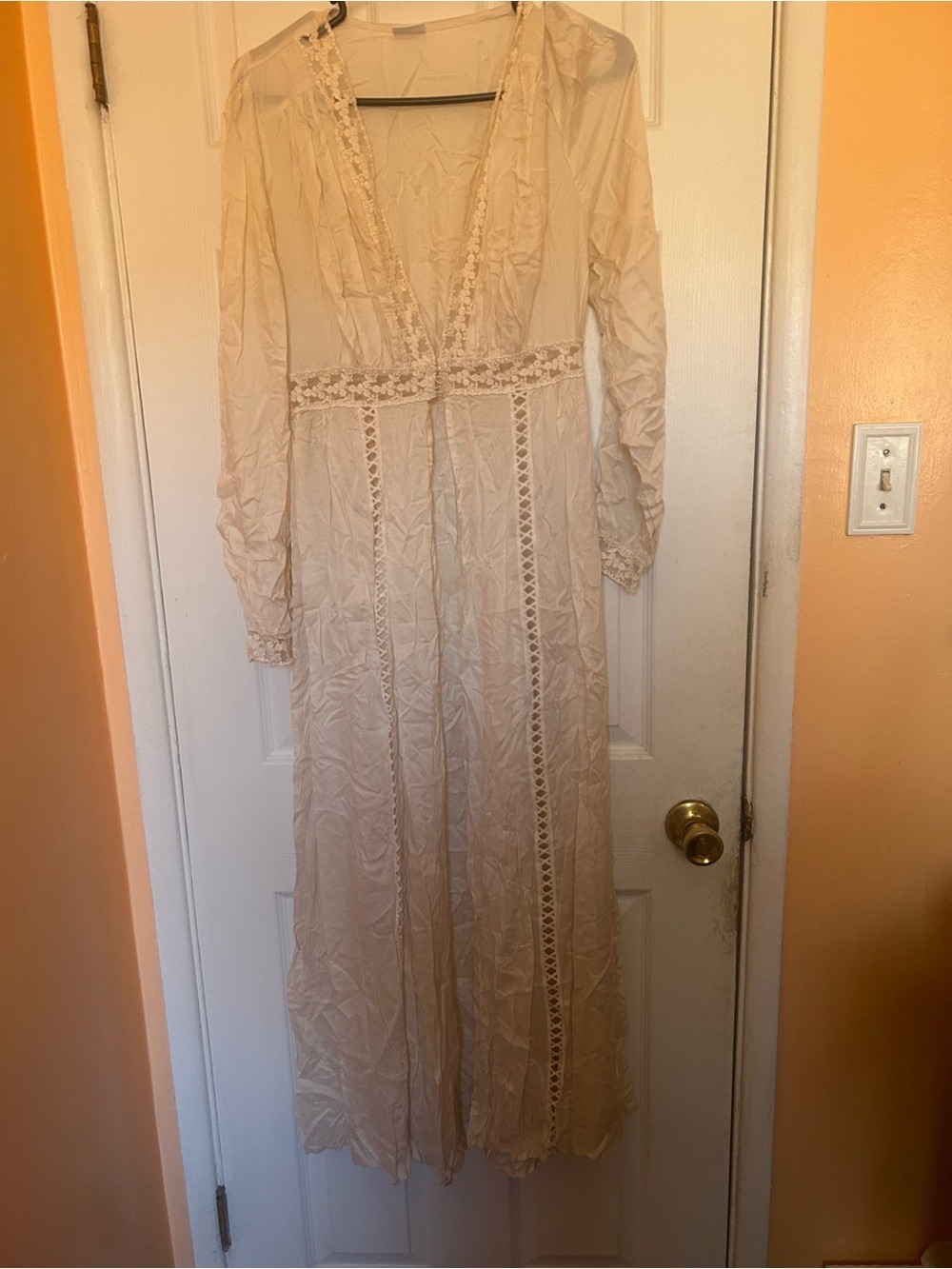 Long Cream Lace-Trim Cover Up/ Duster